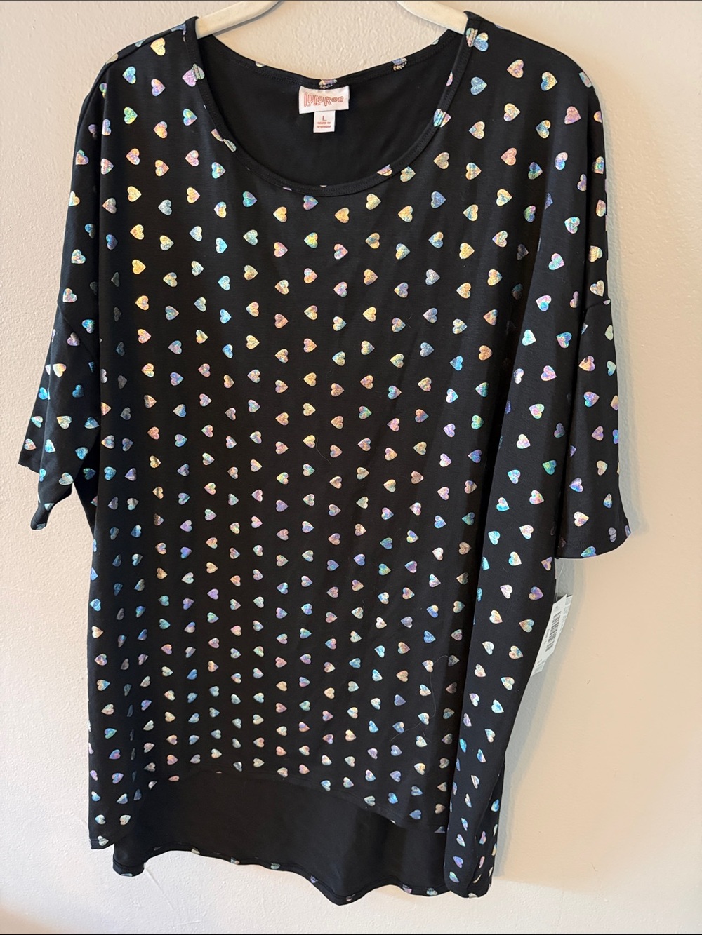 LuLaRoe Black Top with Multicolor Iridescent Hearts